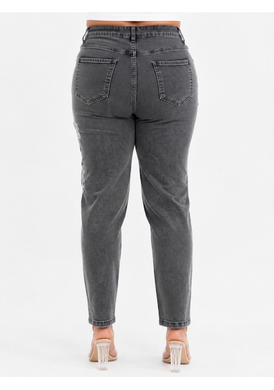 Trieste Büyük Beden Yüksek Bel Çiçek Dantel Ve İnci Detaylı Denim Kadın Pantolon Antrasit Trieste Büyük Beden Yüksek Bel Çiçek Dantel Ve İnci Detaylı Denim Kadın Pantolon Antrasit