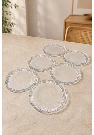 6 Lı Dalgalı Kenar Cam Pasta Tabağı Seti Tatlı Kurabiye Kahvaltı Ve Sunum Tabağı 16 Cm Şeffaf