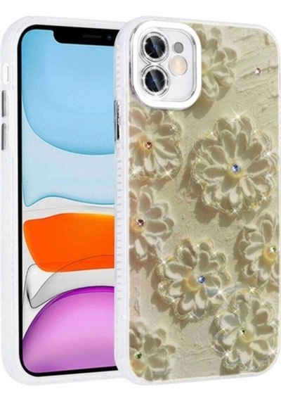 Apple Uyumlu iPhone 11 Kılıf Çiçek Desenli Parlak Taşlı Sert Silikon Zore Garden Kapak Beyaz