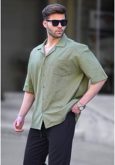 Madmext Haki Kısa Kollu Oversize Erkek Gömlek 6737 Haki