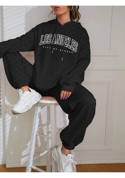 Eşofman Takımı Sweatshirt Jogger - Siyah Baskılı Oversize Şardonlu Kapüşonlu Siyah