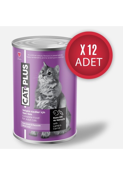 CatPlus Kuzu Etli ve Havuçlu Konserve Yetişkin Kedi Maması 12 x 395 G