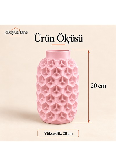 Dekoratif Vazo 20 Cm Geometrik Desenli Kuru Çiçek Ve Pampas Vazosu Açık Pembe