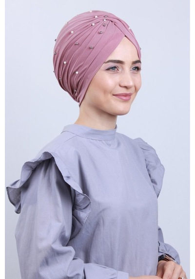 Melodi Scarf Kadın Tesettür İncili Taşlı Vera Dış Bone Pudra Pudra