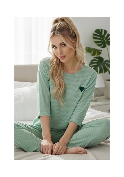 Siyah İnci Soft Touch Ince Örme Nakışlı Pijama Takım Yeşil