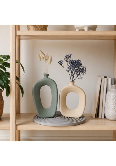 Momiko El Yapımı Modern Bohem Beton Vazo Seti Dekoratif Kemerli İkili Vazo & Yuvarlak Altlık Premium Seri Adaçayı-bej-vizon