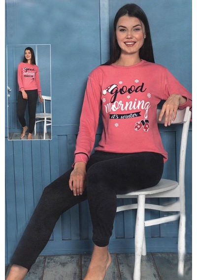 Fawn Kadın Good Morning İnterlok Uzun Kol Manşetli Pijama Takımı 8020 Açık Pembe