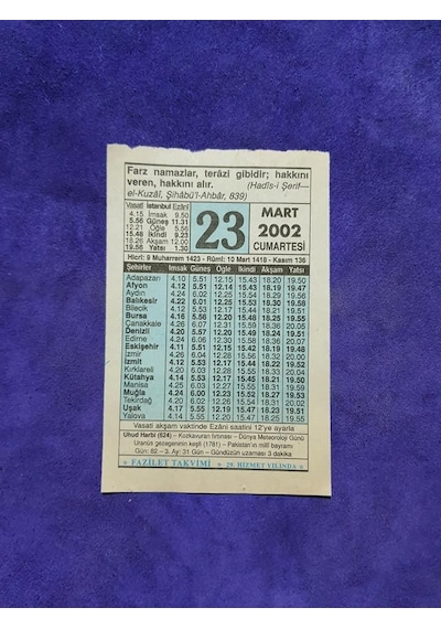 23 Mart 2002 Takvim Yaprağı - Nostalji Koleksiyonluk Takvim Yaprağı A