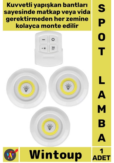 Lamba Uzaktan Kumandalı Yapışkanlı Pilli Mutfak Banyo Dokunmatik Şık Led Aydınlatma 3'lü Spot Lamba Çok Renkli