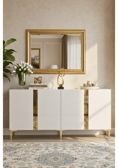 Ka1598bg Anka150 Konsol, Kahve Köşesi, Tv Sehpası Ve Dolap Beyaz - Gold 150cm
