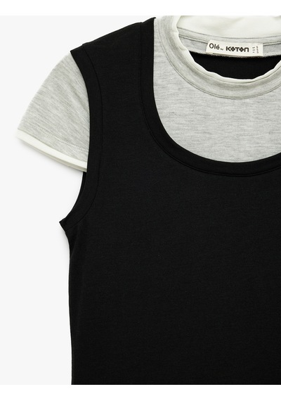 Koton Slim Fit Bisiklet Yaka Katmanlı Viskon Karışımlı Kısa Kollu Tişört Siyah 6sal10435ık
