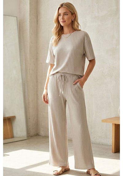 Fit Women Fitilli Kısa Kollu Takım 4457 Bej