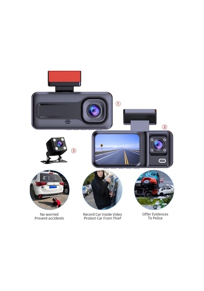Hasuba 3 Kameralı Araç İçi Kamera Seti-1080p Full Hd,170 Geniş Açı Ön,120 Kabin İç Kamera,gece Görüşlü Su Geçirmez Arka Park Kamerası,döngüsel Kayıt Ve G-sensor Destekli 360-2