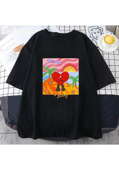 Startmore Beyaz Kötü Bunny Vintage Tees Yaz Baskı Ca Siyah
