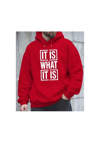Herkesemoda İt's What Baskılı Kapşonlu Kırmızı Sweatshirt Kırmızı