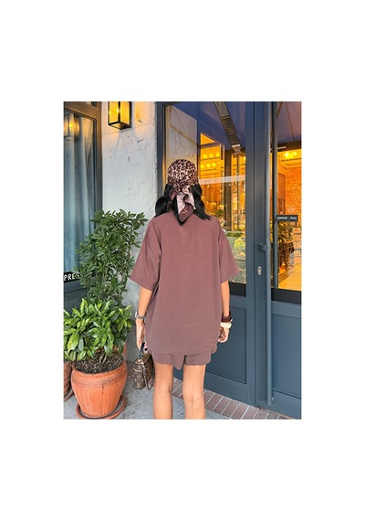 Nido Moda Kadın Cepli Oversize Gömlek Ve Beli Bağcıklı Şort İkili Takım Kahverengi