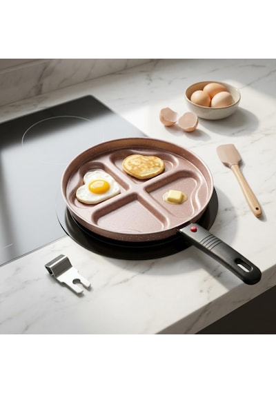 Papilla Redio Romantik 24 Cm Kalpli Pankek Ve Omlet Tavası - 4 Gözlü, Çıkarılabilir Saplı Yanmaz Yapışmaz Bölmeli Tava Pembe Çok Renkli