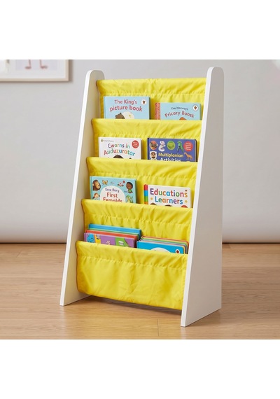 Çocuk Odası Bez Raflı Montessori Kitaplık - 4 Katlı 18mm Beyaz Mdf Ahşap Kitap Organizeri Sarı