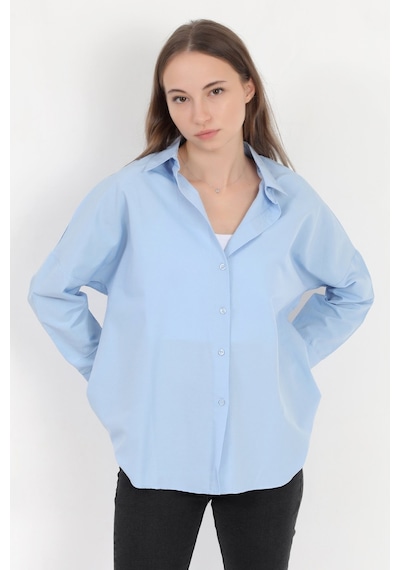 Giysa Kadın Buz Mavi Uzun Kollu Basic Pamuklu Oversize Gömlek - 3900 Mavi