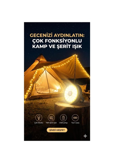 Şarjlı 10 Metre Ledli Şarj Göstergeli 7 Işık Modlu Hareketli Ve Flaşör Modlu Kamp Lambası Led I Standart