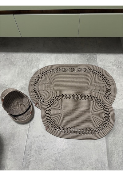 Mavaux Terra 4 Lü Banyo Seti 2 Li Oval Paspas & 2 Li Oval Sepet, Doğal Halat Dokuma, El Yapımı - Premium Kum