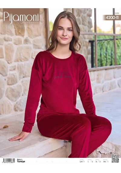 Pijamoni Kadın Kışlık Bisiklet Yaka Likralı Soft Kadife Pijama Takımı 4200/11 - 1 Adet 001