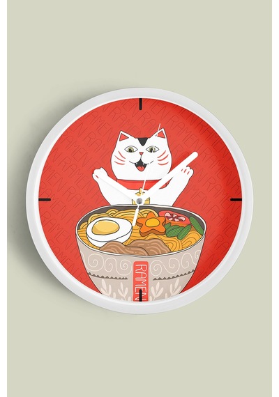 Sevimli Kedi Temalı Modern Duvar Saati - 25cm - Önü Camlı Beyaz Kasa - Sessiz Mekanizma-jh0012 Beyaz