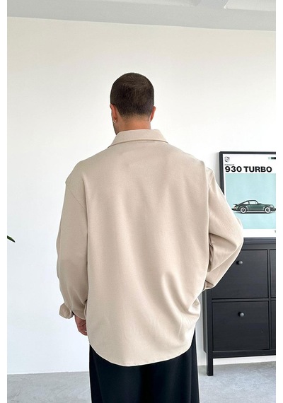 Bej Basic Oversize Gabardin Gömlek Bej