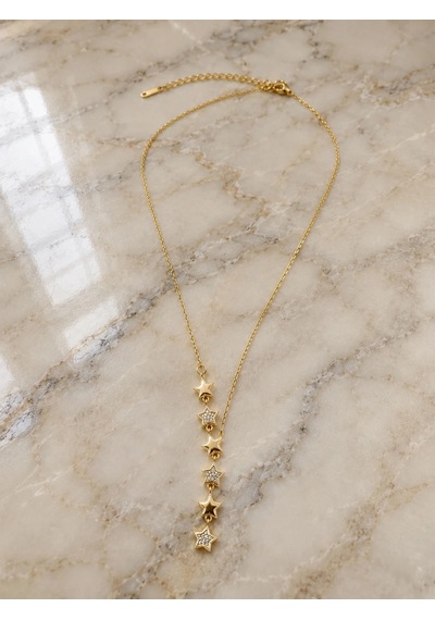 Taşlı Yıldız Desenli Gold Renk Kolye