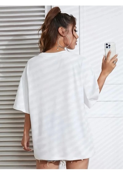 Modi Baskılı Oversize Bisiklet Yaka T-shirt - Beyaz - Mymg158829