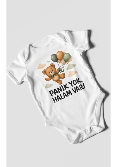 Morivokids Panik Yok, Halam Var Kısa Kollu Bebek Body %100 Pamuk Beyaz