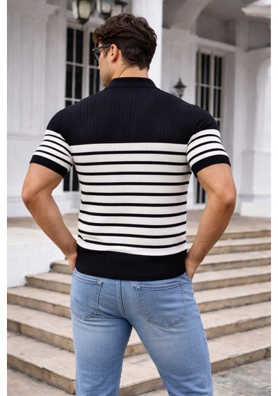 Tarz Cool Erkek Çizgili Triko Polo Yaka Slim Fit T-shirt Siyah