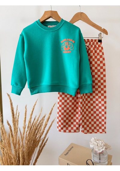Magu Çocuk Bonjour Baskılı Turkuaz Sweatshirt Ve Turuncu Dama Eşofman Takımı Çok Renkli
