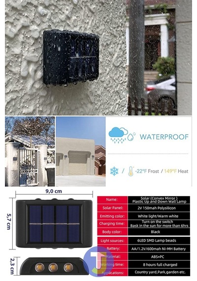 Modern Solar Güneş Enerjili 6 Ledli Bahçe Aydınlatması Aplik Sarı Işık Led Lamba 2 Adet