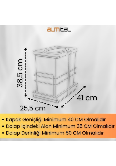 Almital Dolap İçi Teleskopik Raylı Antrasit Çöp Kovası 24 Litre, Minimum Kapak Genişliği 45 Cm. -9037832206103 Antrasit