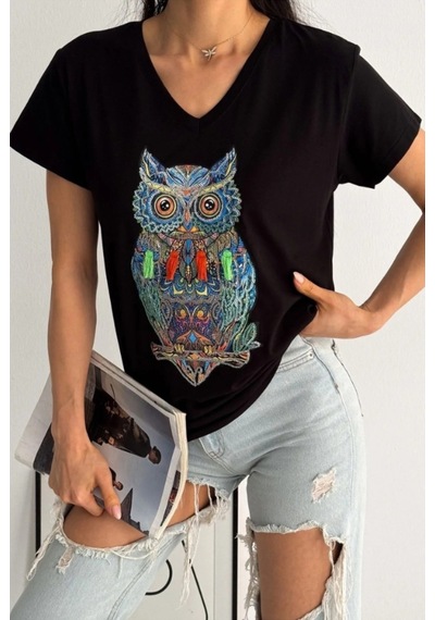 Cassime Kadın Siyah Baykuş Desenli Pul Payet İşlemeli Büyük Beden %100 Pamuk Tişört Xl-2xl-3xl Cassime Kadın Siyah Baykuş Desenli Pul Payet İşlemeli Büyük Beden %100 Pamuk Tişört Xl-2xl-3xl