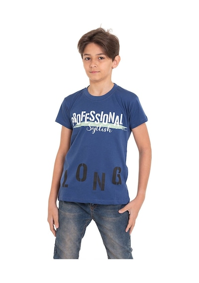 Koyu Mavi Long Baskılı Bisiklet Yaka 13-16 Yaş Tişört 2012-7 Koyu Mavi