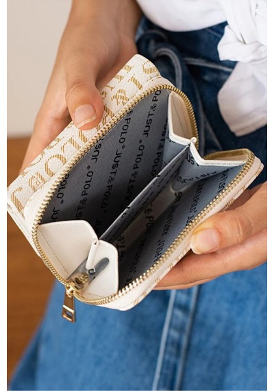 Just Polo Kadın Baskılı Fermuarlı Şık Cüzdan Shopper Krem