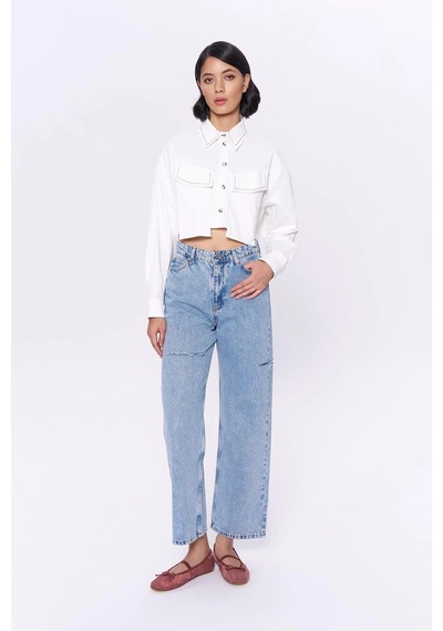 Yırtık Detaylı Bol Paça Denim Pantolon Mavi Mavi