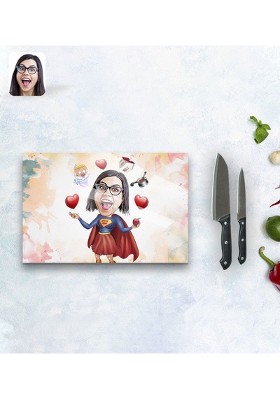 Kişiye Özel Süper Anne Karikatürlü Cam Kesme Ve Sunum Tablası 20X