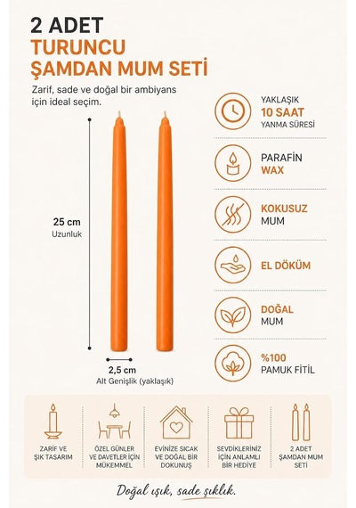 2'li Şamdan Turuncu Mum Seti 25 Cm Dekoratif İnce Şamdan Mum, Kokusuz Parafin Wax,%100 Pamuk Fitil, El Döküm, U Çok Renkli 2'li Şamdan Turuncu Mum Seti 25 Cm Dekoratif İnce Şamdan Mum, Kokusuz Parafin Wax,%100 Pamuk Fitil, El Döküm, U Çok Renkli