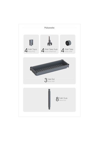 Mithra Life 4 Katlı Tekerlekli Slim İnce Siyah Banyo Mutfak Rafı Mıt1201