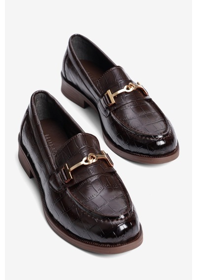 Mubiano Kadın Kroko Loafer Gold Aksesuarlı Klasik Günlük Ayakkabı Kolej Kahverengi Kahverengi Krokodil