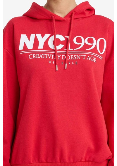 Defacto Relax Fıt Kapüşonlu Baskılı Kalın Sweatshirt Kumaşı Sweatshirt G7129ax25wnrd256 Kırmızı-rd256