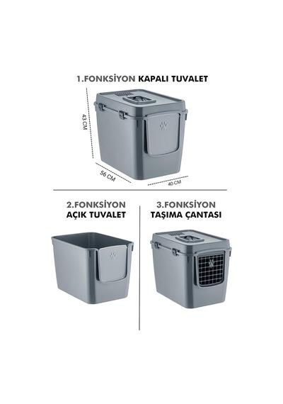 Hz-500 Xxl 3 Fonksiyonlu Kedi Tuvaleti, Kapalı/açık Tuvalet Ve Taşıma Çantası, 56x40x43 Cm Gri