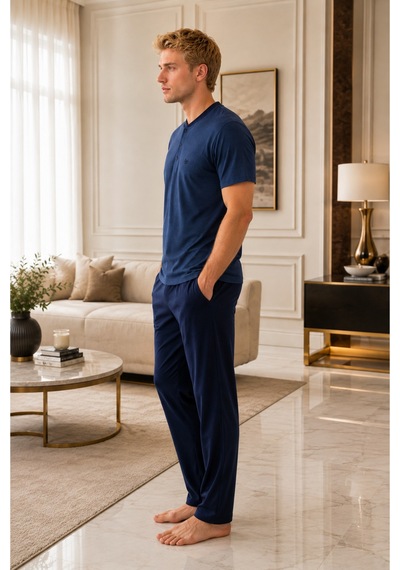Pijamask Erkek İndigo Mavi Düğmeli Yaka Dokulu Pamuklu Uzun Pantolonlu Pijama Takımı Rahat Ev Giyim İndigo Mavi