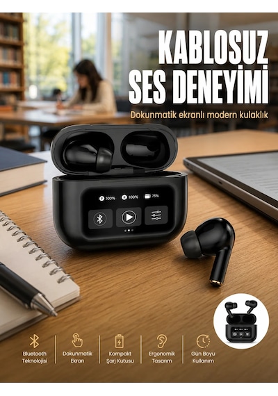 2.nesil Pro Ekranlı Sesli Görüşme Yapabilen Kablosuz Bluetooth Kulaklık Yeni Nesil Siyah