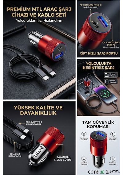 Araç Şarj Aleti Çakmaklık 38w Type-c Type-c + Usb Çift Portlu - Qualcomm Qc 4.0 Desteği Mt-a1835
