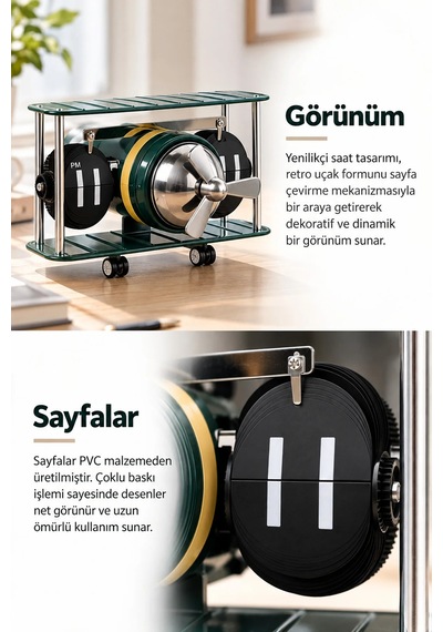 Exenar - Koyu Yeşil - Sayfa Çevirmeli Retro Uçak Tasarımlı Saat Flip Yaprak Masaüstü Mekanik Masa Saati Havacılık Temalı Vintage Beyaz - Yeşil Exenar - Koyu Yeşil - Sayfa Çevirmeli Retro Uçak Tasarımlı Saat Flip Yaprak Masaüstü Mekanik Masa Saati Havacılık Temalı Vintage Beyaz - Yeşil