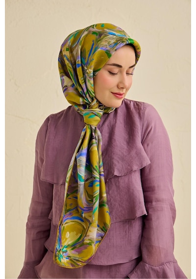 Silk Home Tivil İpek Eşarp Ist 11501- 02 Yağ Yeşili Çiçek Desen Bej